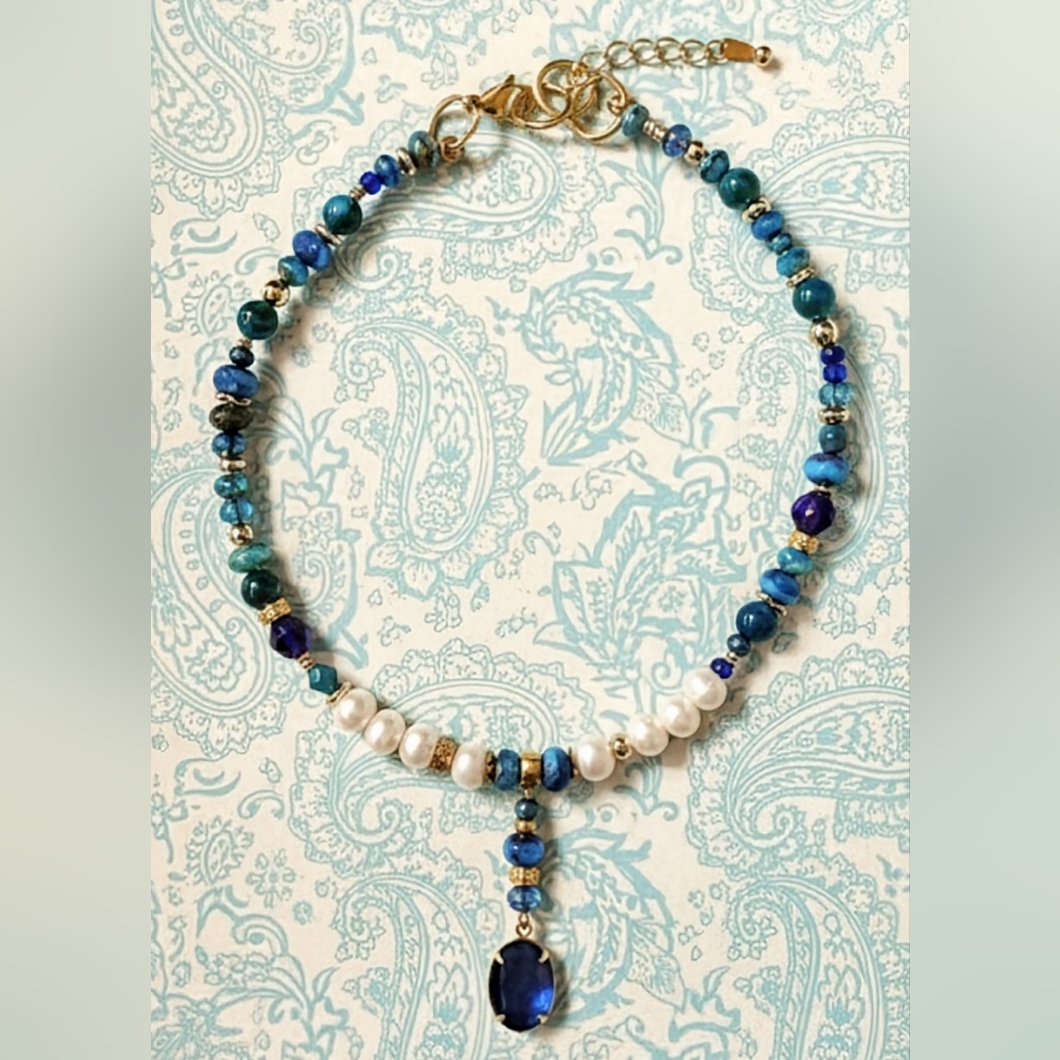 30 Carat Raw Blue Sapphire And Pearls In Beautiful Blue Bead Necklace & Earrings